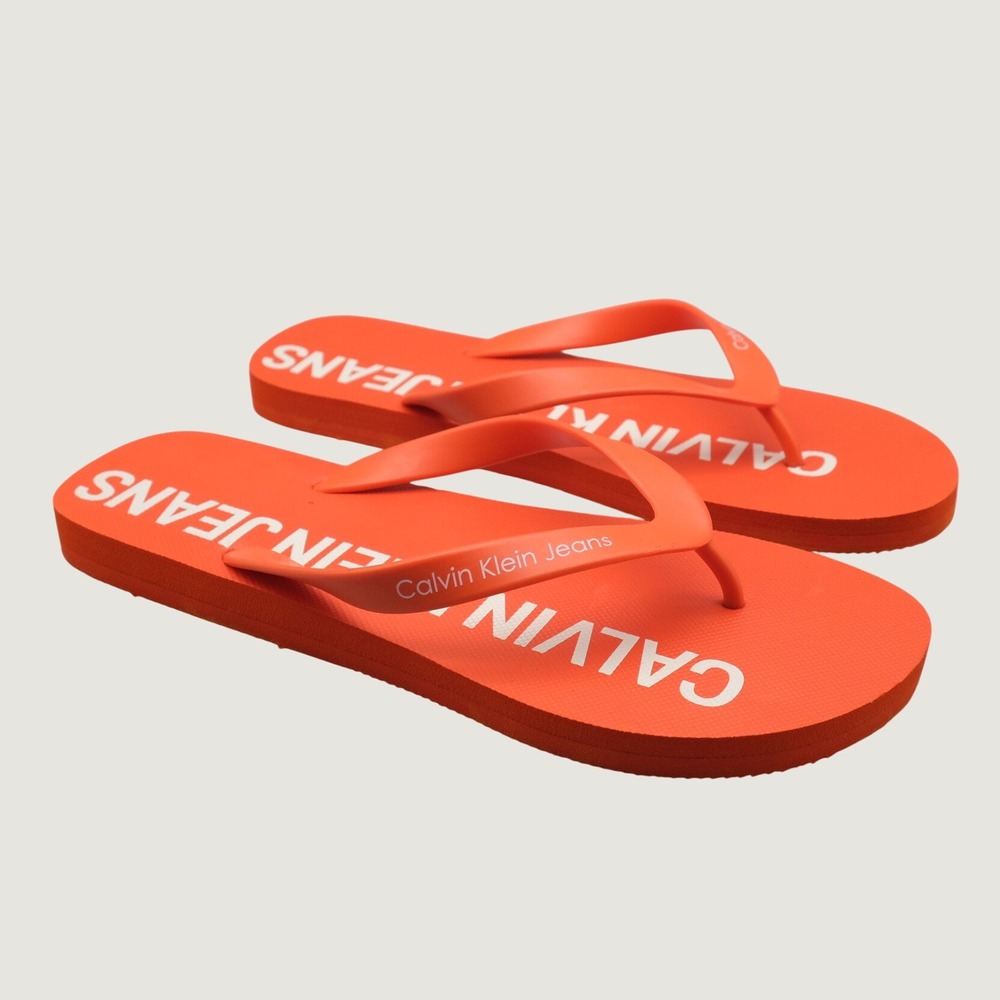 Calvin Klein Jeans Flip Flops Mens Orange Logo Print 11 Errol Sandals